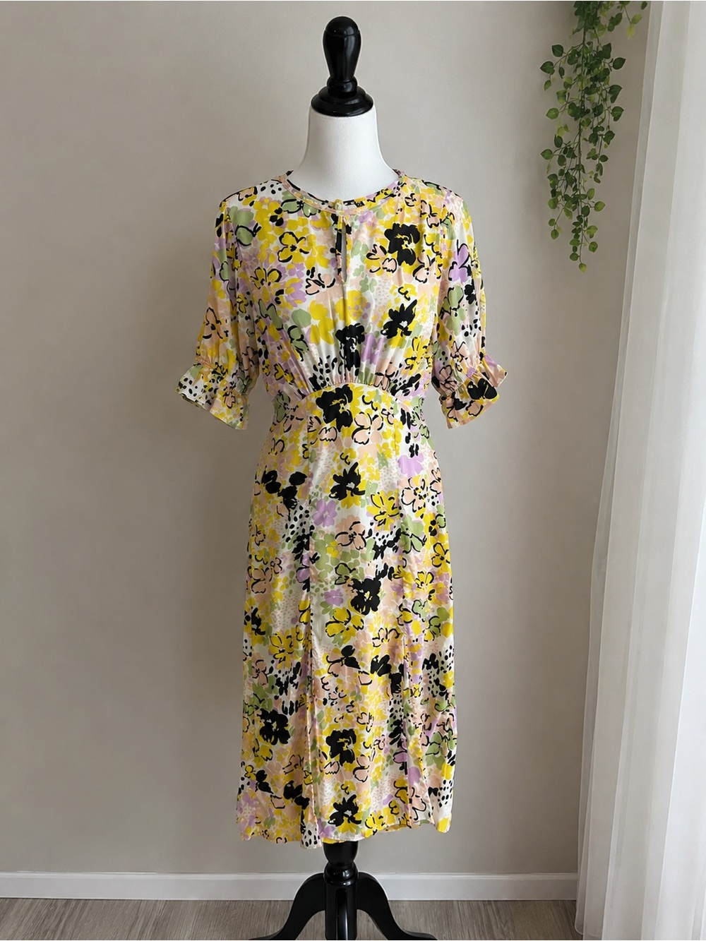 Yellow Floral Midi Dress with Puff Sleeves